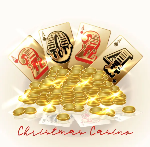 Vánoční Kasino New 2024 Rok Banner Zlatými Mincemi Pokerových Karet Stock Vektory