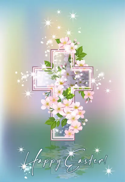 Křišťálový Velikonoční Kříž Pérovými Květy Blahopřání Vektorová Ilustrace Royalty Free Stock Ilustrace