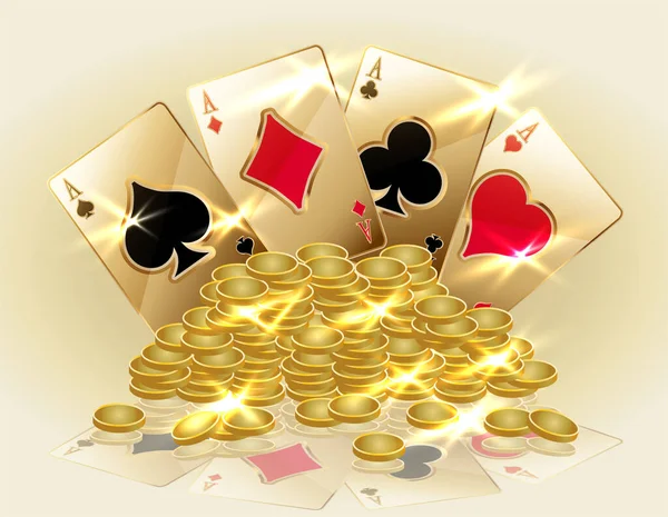 Casino Vip Banner Golden Coins Poker Cards Vector Illustration — Stock Vector