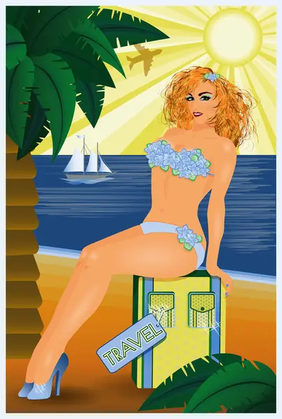 Pinap Mädchen Strand Einladungskarte Vektorillustration Vektorgrafiken