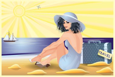 Çantalı seyahat kızı, davetiye kartı, vektör illüstrasyonu