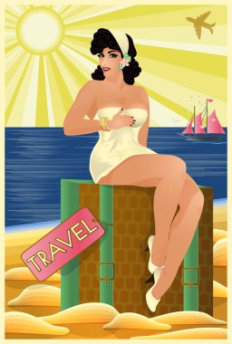 Çantası, seyahat kartı, vektör illüstrasyonu olan sevimli bir kız.