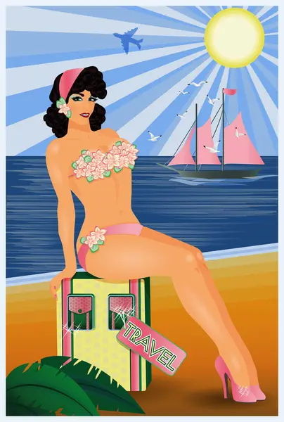 Voyage Pinup Girl Avec Sac Carte Vœux Vip Illustration Vectorielle Vecteur En Vente