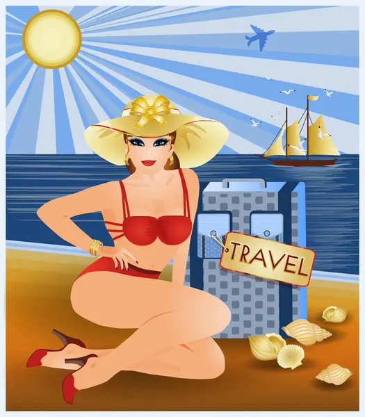 Travel Pinup Sexy Ragazza Con Borsa Vip Card Illustrazione Vettoriale Grafiche Vettoriali