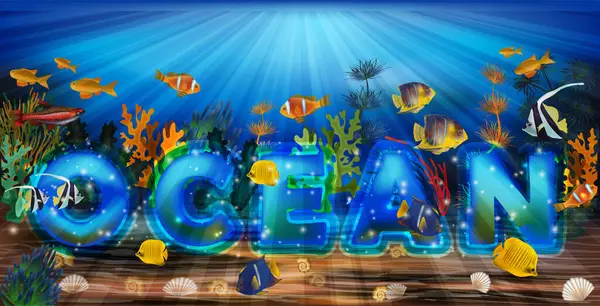 Oceano Fundo Subaquático Com Peixes Tropicais Ilustração Vetorial —  Vetores de Stock