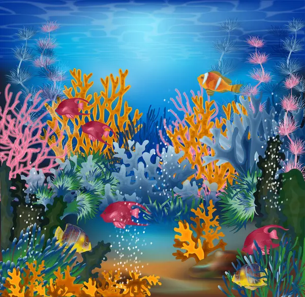 Onderwater Achtergrond Met Tropische Vissen Vectorillustratie Rechtenvrije Stockillustraties
