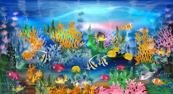 Onderwater Behang Met Tropische Vissen Vectorillustratie Rechtenvrije Stockillustraties