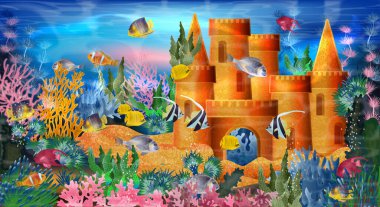 Kumdan kaleli sualtı kartı ve tropikal balık, vektör illüstrasyon