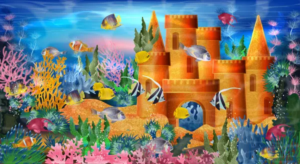 Cartão Subaquático Com Castelo Areia Peixes Tropicais Ilustração Vetorial Ilustração De Bancos De Imagens