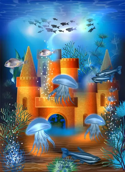 Bandeira Subaquática Com Castelo Areia Peixes Tropicais Ilustração Vetorial Ilustrações De Stock Royalty-Free