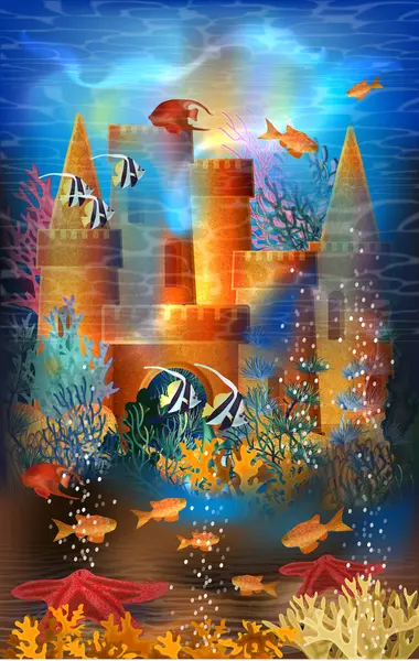 Scheda Subacquea Con Castello Sabbia Stelle Marine Pesci Tropicali Illustrazione Illustrazione Stock