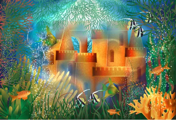 Подводный Фон Песчаным Замком Тропической Рыбой Векторная Иллюстрация Стоковая Иллюстрация