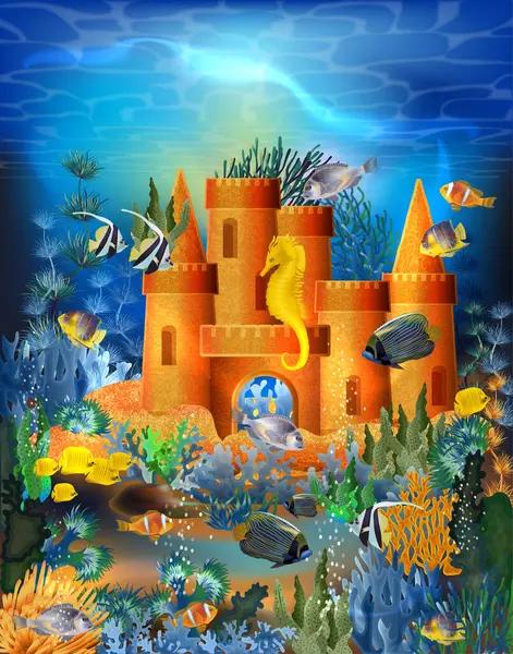 Unterwassertapete Mit Sandburg Seepferdchen Und Tropischen Fischen Vektorillustration lizenzfreie Stockillustrationen