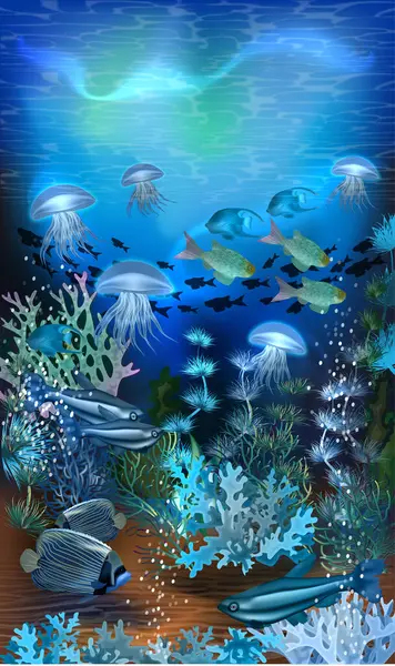 Bandeira Subaquática Com Medusa Peixes Tropicais Ilustração Vetorial Vetores De Bancos De Imagens