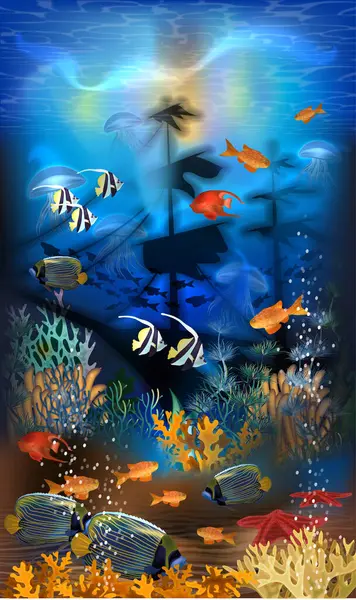 Подводное Знамя Затонувшим Кораблем Тропическими Рыбами Векторная Иллюстрация Лицензионные Стоковые Векторы