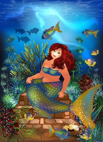 Unterwasserkarte Size Sexuelle Meerjungfrau Mit Tropischen Fischen Vektorillustration Vektorgrafiken