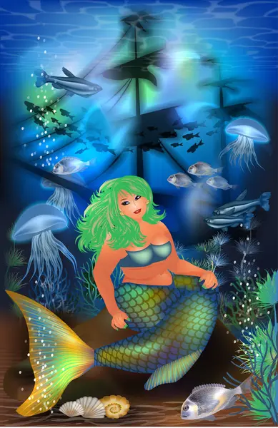 Underwater Card Size Mermaid Sunken Ship Tropical Fish Vector Illustration Vettoriali Stock Royalty Free