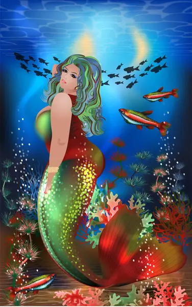Unterwassertapete Size Meerjungfrau Mit Tropischen Fischen Vektorillustration lizenzfreie Stockillustrationen