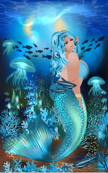 Tropische Unterwasserkarte Size Mermaid Xxl Vektorillustration lizenzfreie Stockvektoren