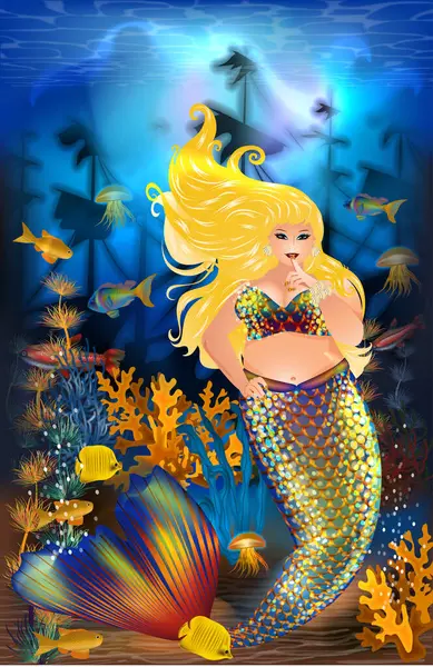 stock vector Underwater card, Plus size xxl Mermaid with tropical fish, vector illustration
