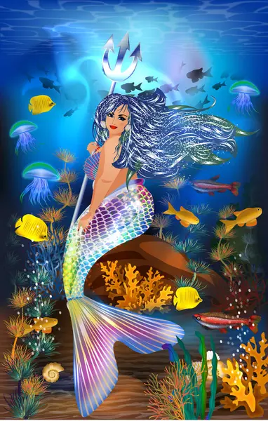 Podvodní Tapety Velikost Mořská Panna Trojzubec Tropické Ryby Vektorové Ilustrace Vektorová Grafika