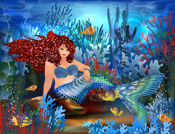 Tropical Underwater Banner Size Mermaid Xxl Vector Illustration Stockvektor