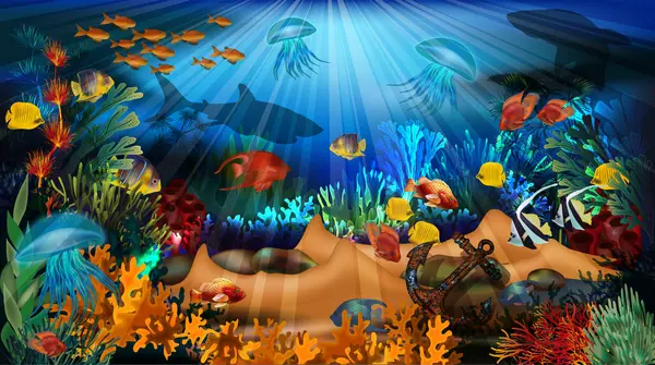 Eski çapa ve tropikal balıklarla sualtı geçmişi. vektör illüstrasyonu