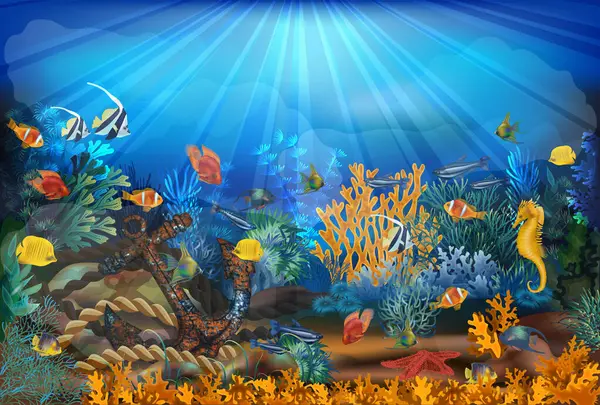 Paslı çapalı ve tropikal balıklı sualtı kartı. vektör illüstrasyonu