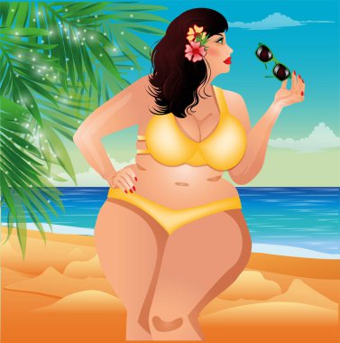 Artı plajda boy kadın, yaz saati kartı, vektör illüstrasyonu.