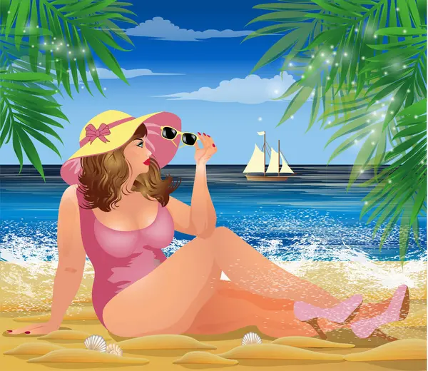 Artı plajda boy kadın XXL, yaz kartı, vektör çizimi.