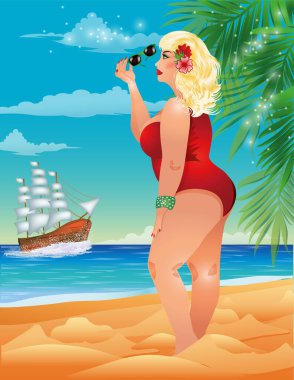 Artı boy kadın XXL ve yelkenli, yaz kartı, vektör illüstrasyonu