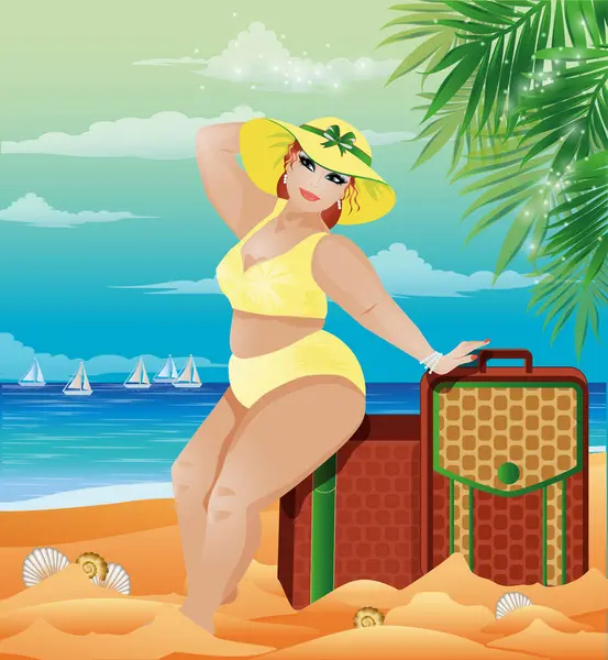 Artı yaz plajındaki XXL beden kadın, vektör çizimi.