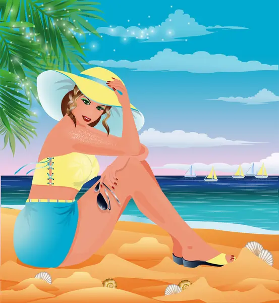 Artı yaz plajında boy kadın XXL, davetiye kartı, vektör illüstrasyonu