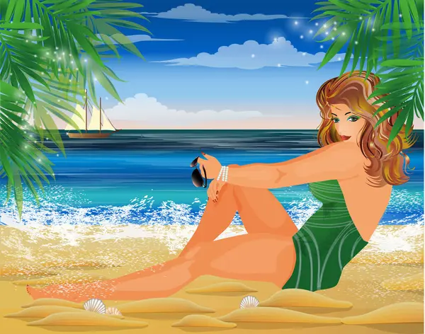 Artı boy kadın ve yelkenli, yaz davetiyesi, vektör illüstrasyonu.