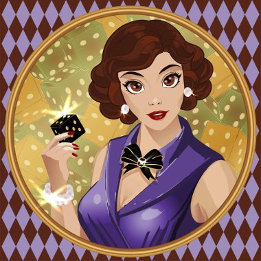 Zarlı kumarhane kadını, sanat deco kartı, vektör illüstrasyonu