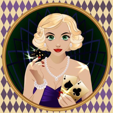 Zar ve Cep Ası olan kumarhane kadını, sanat deco kartı, vektör illüstrasyonu