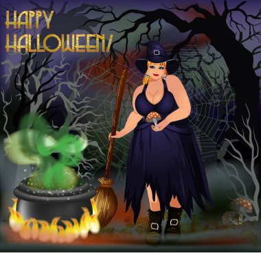 Cadılar Bayramı VIP kartın kutlu olsun, cadı zehir hazırlıyor, vektör çizimi.