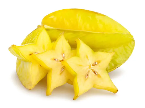 Gesneden Carambola Starfruit Pad Geïsoleerd Wit Stockfoto