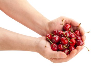 Elde kiraz yolu beyaz üzerinde izole