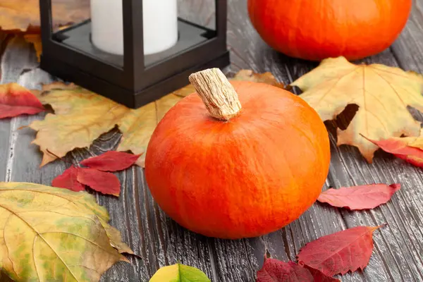 Kabak ve sonbahar yaprakları ahşap arka planda