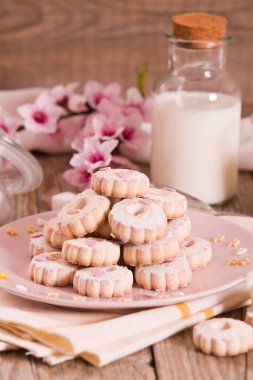 Canestrelli bisküvileri. Beyaz tabakta krema şekeri..