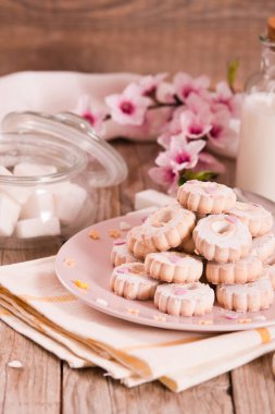 Canestrelli biscuits with icing sugar on pink dish. 