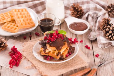 Waffle with red currant and chocolate topping on white dish.