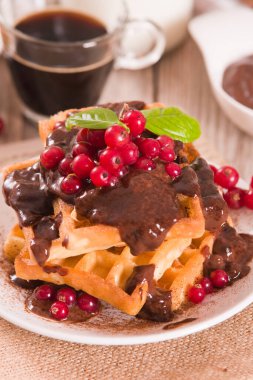 Waffle with red currant and chocolate topping on white dish.