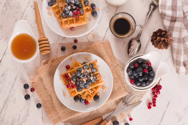 Waffles Red Currant Blueberries White Dish — Foto de Stock