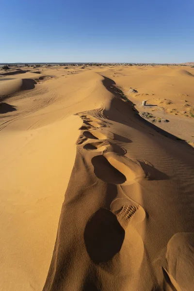 Φως Ηλιοβασιλέματος Και Πατημασιές Στην Έρημο Merzouga Στο Μαρόκο Εικόνα Αρχείου