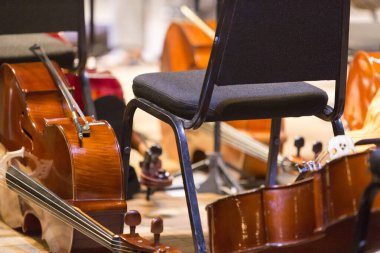 Bir sandalye çelloların ve orkestranın çalması için hazır diğer telli enstrümanların arasında oturur..