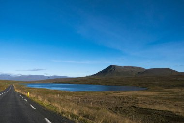 Kuzey İzlanda, Avrupa 'da N1 yolu, göl, tarlaları ve dağları olan renkli bir manzara.