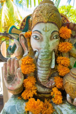 Kadife çiçekli Ganesha heykeli.