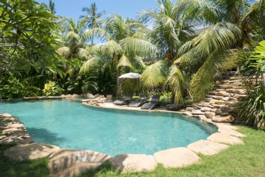 Palmiye ağaçları ve şezlongları olan tropik bir vaha..